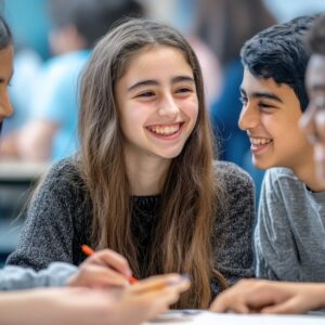 A group of middle school students sit around a table studying and smiling