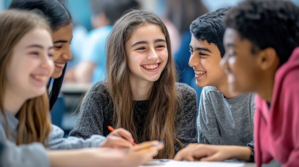 A group of middle school students sit around a table studying and smiling